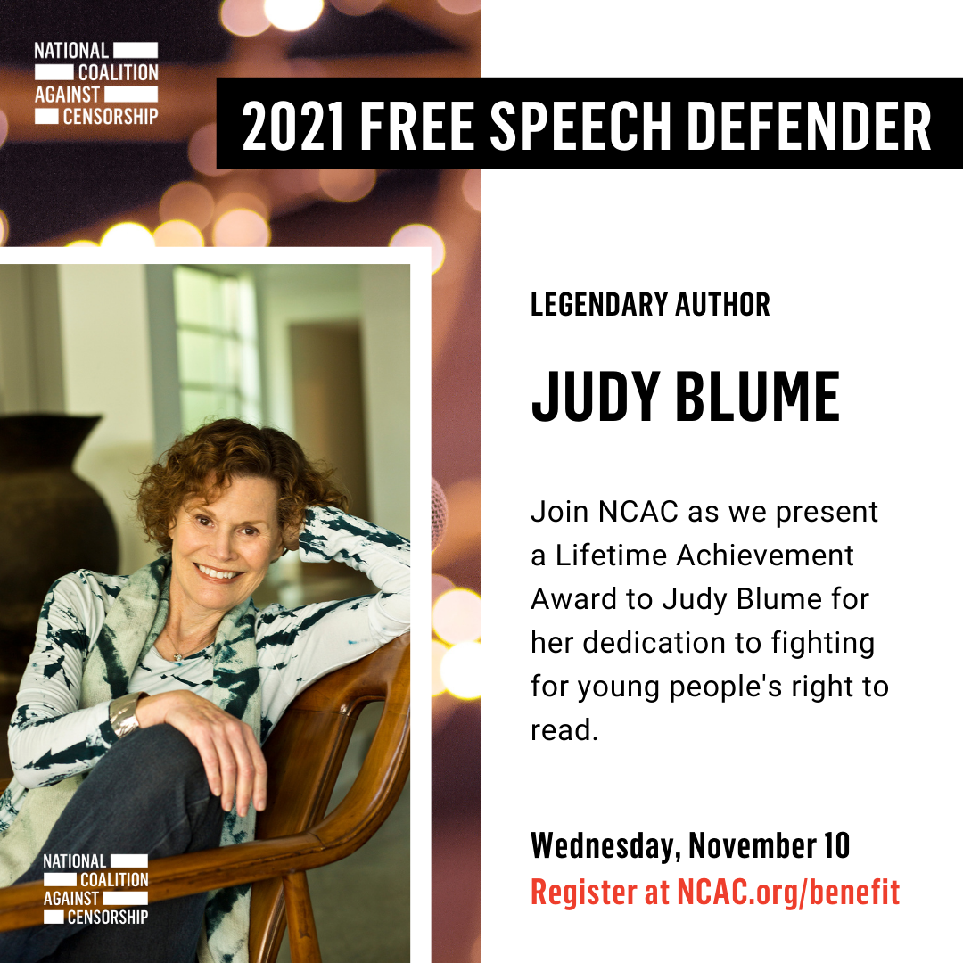 NCAC honored Judy with its Free Speech Defender Lifetime Achievement Award at their 2021 benefit, Let Me Speak!  November 10, 2021.